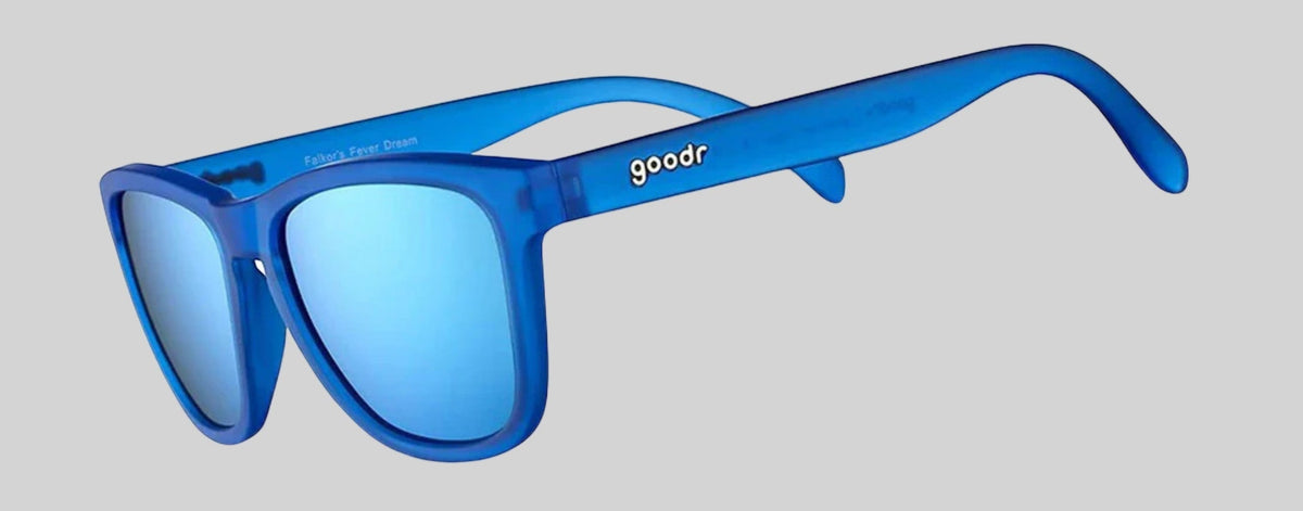 Óculos de sol Goodr Falkor's Fever Dream azuis com lentes espelhadas polarizadas e proteção UVA UVB. Ideal para corrida.