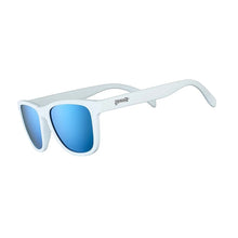 Óculos de sol Goodr Iced By Yetis brancos com lentes azuis espelhadas polarizadas, ideais para corrida.