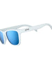 Óculos de sol Goodr Iced By Yetis brancos com lentes azuis espelhadas polarizadas, ideais para corrida.
