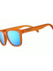 Óculos de sol Goodr Donkey Goggles laranja com lentes azuis espelhadas polarizadas, ideais para corrida.