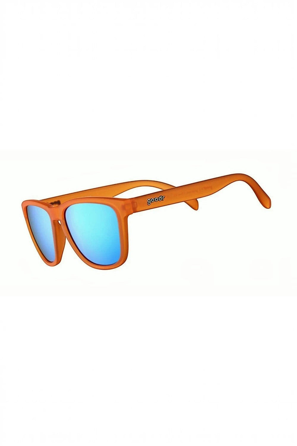 Óculos de sol SPORTBR Goodr Donkey Goggles com armação laranja e lentes espelhadas azuis polarizadas para corrida.