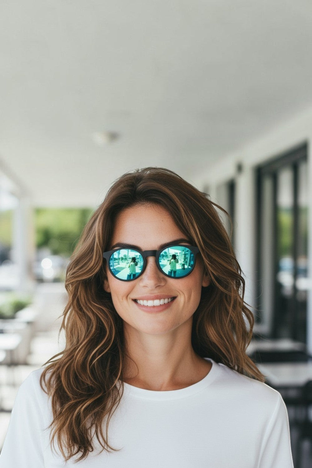 Mulher sorridente usando óculos de sol SPORTBR Goodr Circle G com armação preta e lentes espelhadas azuis.