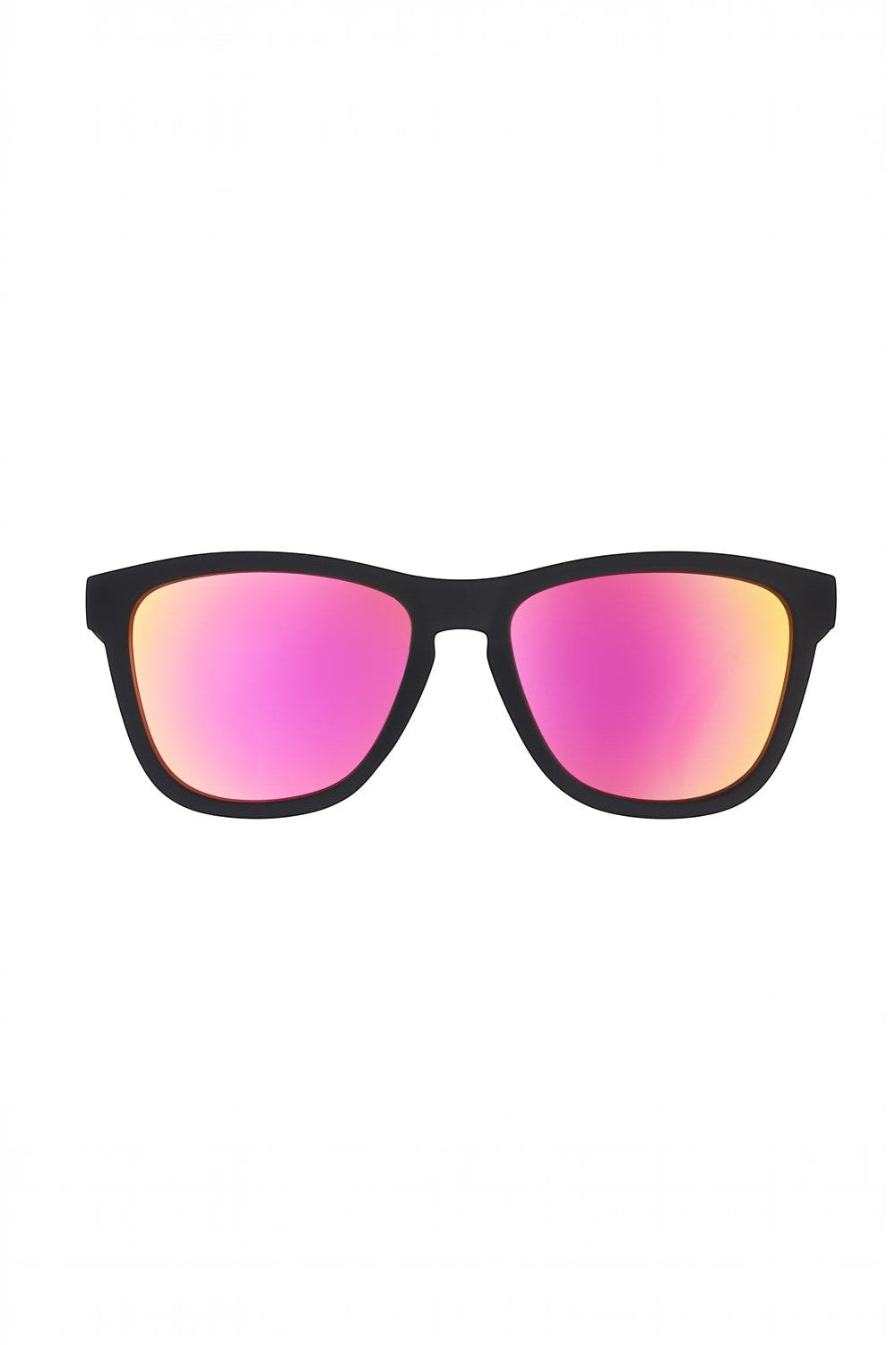 Óculos de sol SPORTBR Goodr Professional Respawner com armação preta fosca e lentes espelhadas rosa polarizadas.