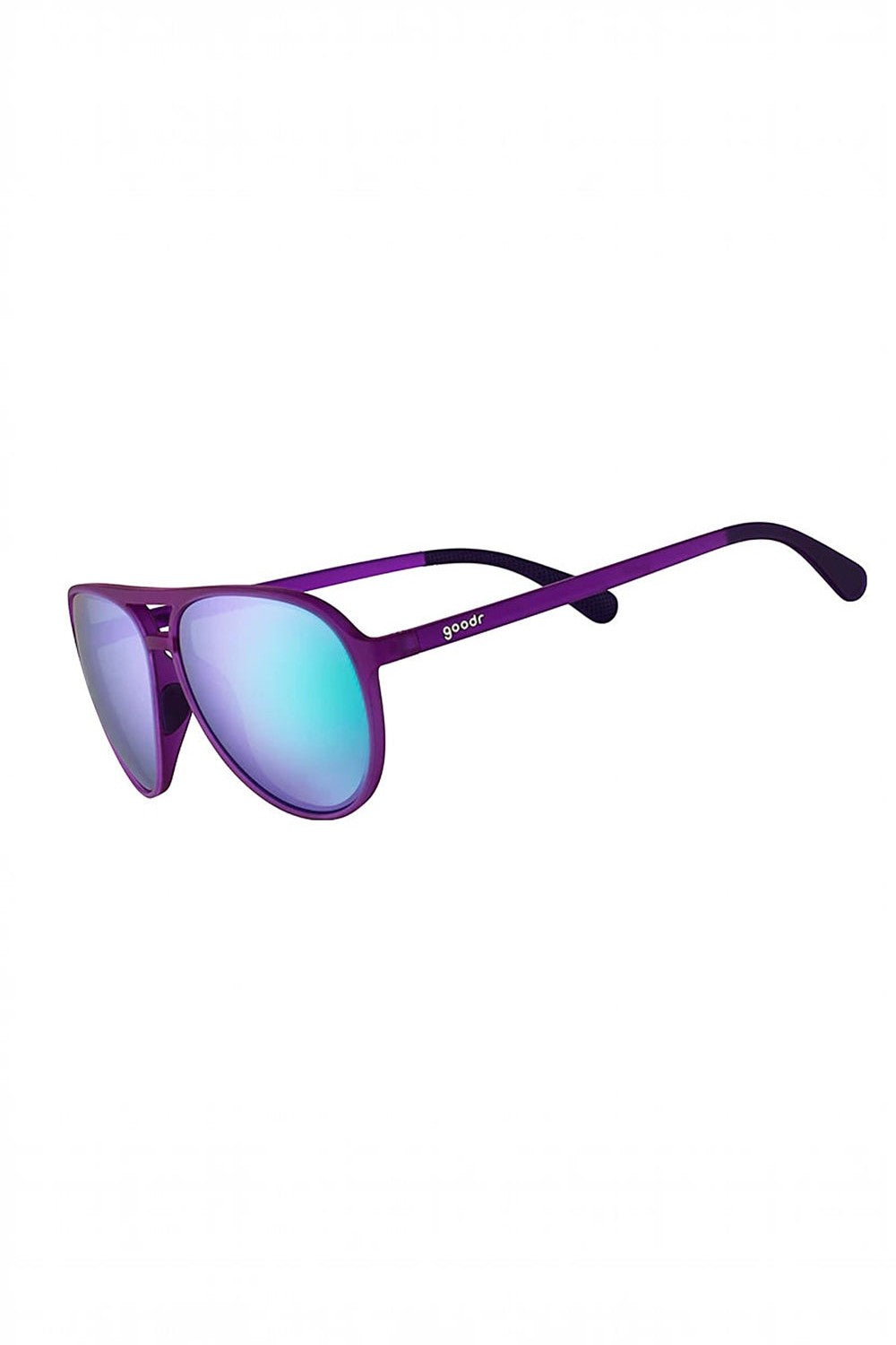 Óculos de sol SPORTBR Goodr lilás com lentes espelhadas verdes polarizadas, ideal para corrida e esportes ao ar livre.