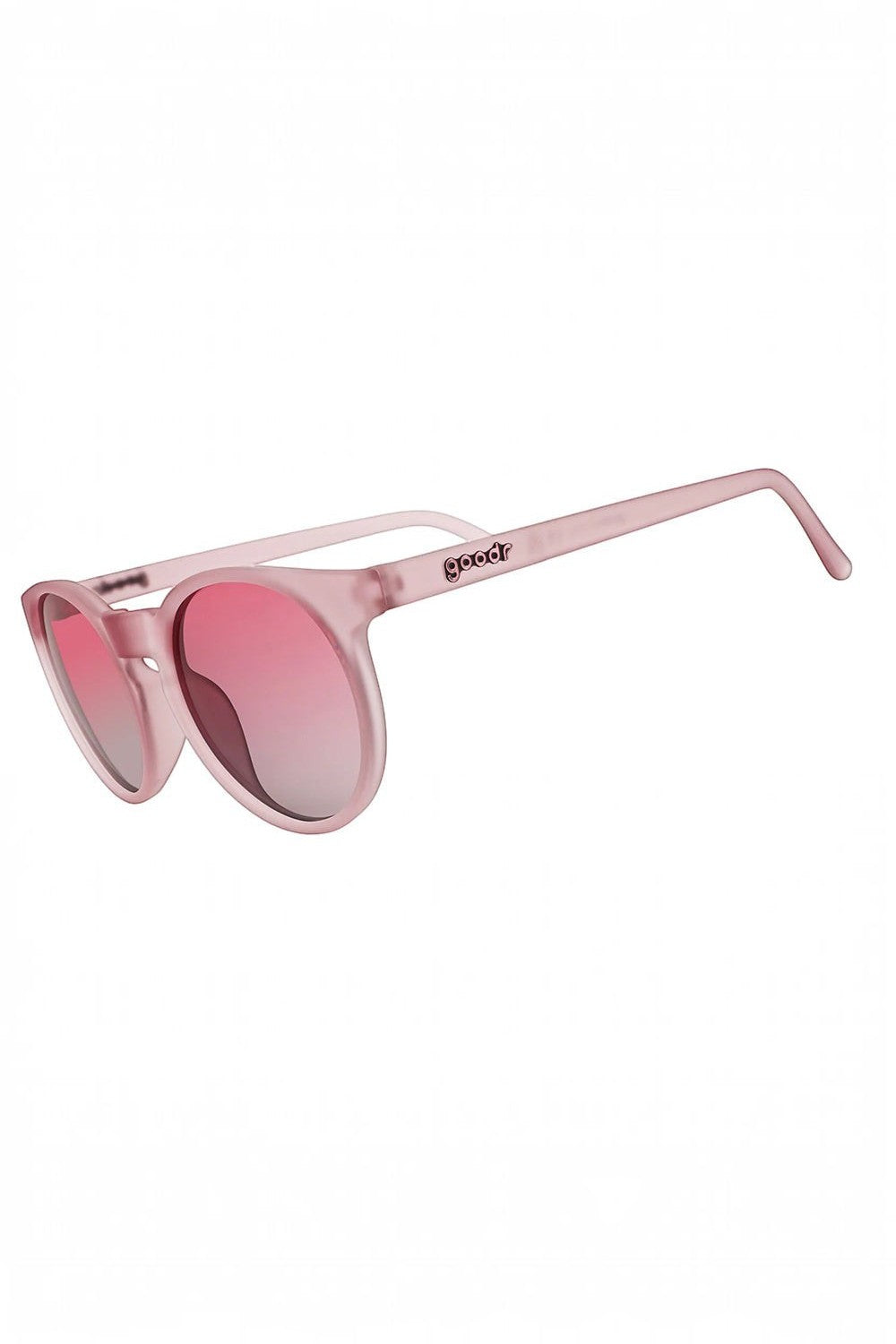 Óculos de sol SPORTBR Goodr Mauve Mood Board com armação lilás translúcida e lentes rosa polarizadas para corrida.