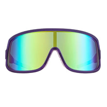 Óculos de sol Goodr Look Ma, No Hands! roxos com lentes espelhadas verdes e azuis, proteção UVA UVB polarizada.