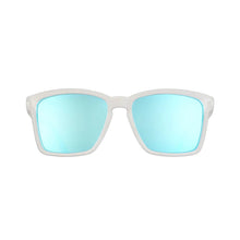 Óculos de sol Goodr Middle Seat Advantage brancos com lentes azuis espelhadas polarizadas, ideais para corrida.
