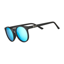 Óculos de sol Goodr Midnight Ramble pretos com lentes azuis espelhadas polarizadas, ideais para corrida.