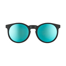 Óculos de sol Goodr Midnight Ramble pretos com lentes azuis espelhadas e proteção UV400.