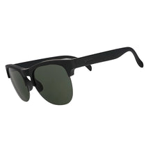 Óculos de sol Goodr Members Only Misfit pretos com lentes verdes escuras polarizadas e proteção UVA UVB.