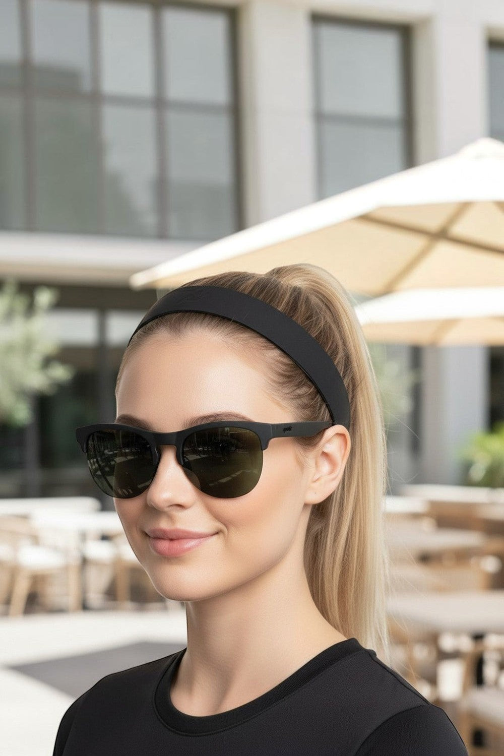 Mulher usando óculos de sol SPORTBR Goodr Members Only Misfit com armação preta e lentes verdes polarizadas.