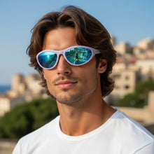 Óculos de sol Goodr In My Periwinkle Prime azuis com lentes espelhadas polarizadas, ideais para corrida.