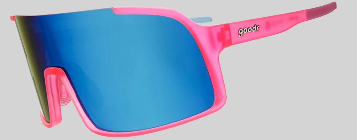 Óculos de sol SPORTBR Goodr Ready the Confetti Cannon com armação rosa e lentes espelhadas azuis polarizadas para corrida