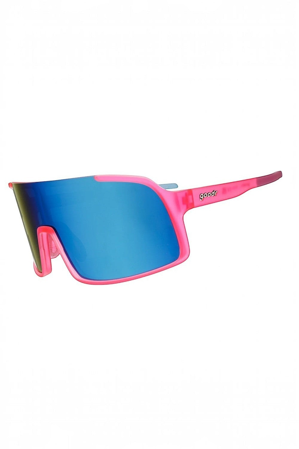 Óculos de sol SPORTBR Goodr Ready the Confetti Cannon com armação rosa e lentes espelhadas azuis para corrida.