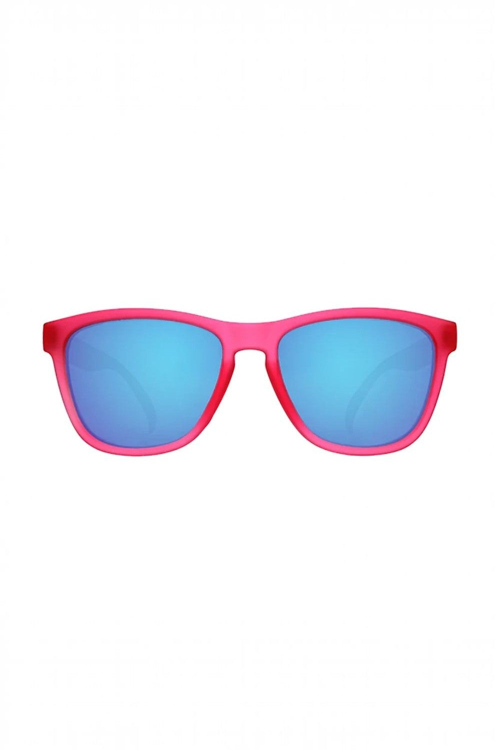 Óculos de sol SPORTBR Goodr Flamingos on a Booze Cruise com armação rosa e lentes espelhadas azuis polarizadas