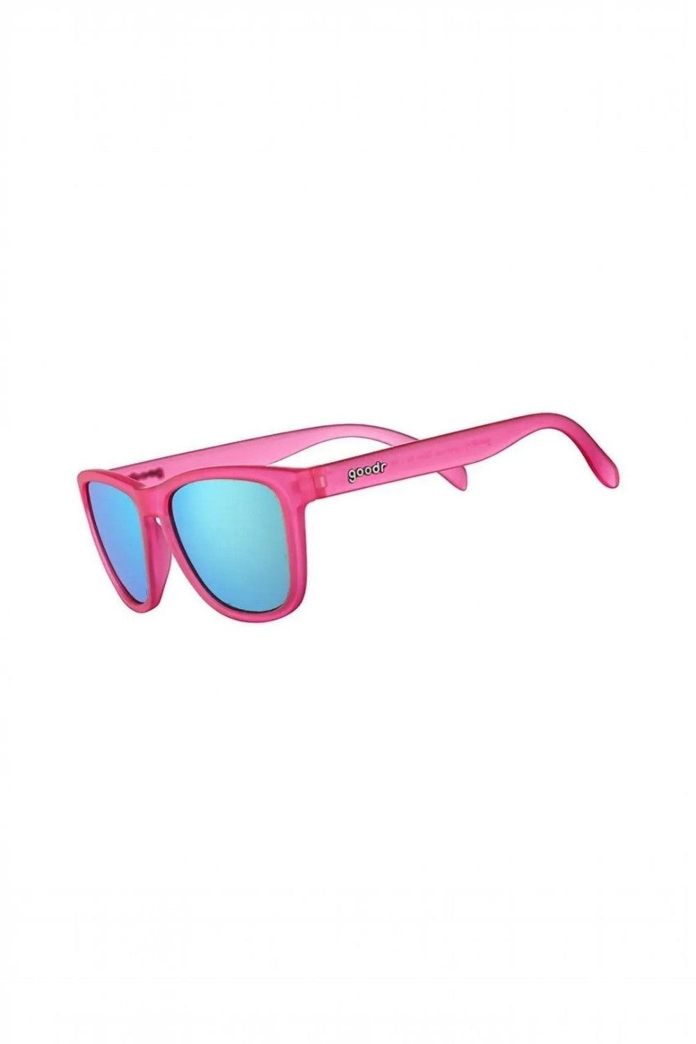 Óculos de sol SPORTBR Goodr Flamingos on a Booze Cruise com armação rosa e lentes espelhadas azuis polarizadas.