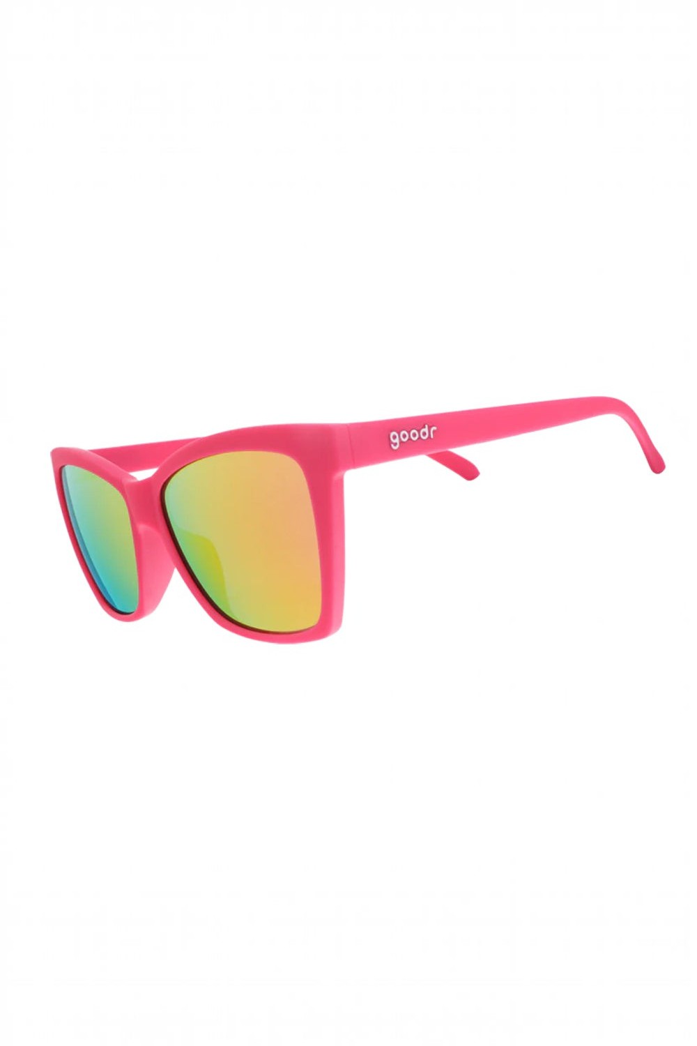 Óculos de sol SPORTBR Goodr rosa com lentes espelhadas polarizadas, ideal para corrida com design leve e antiderrapante.