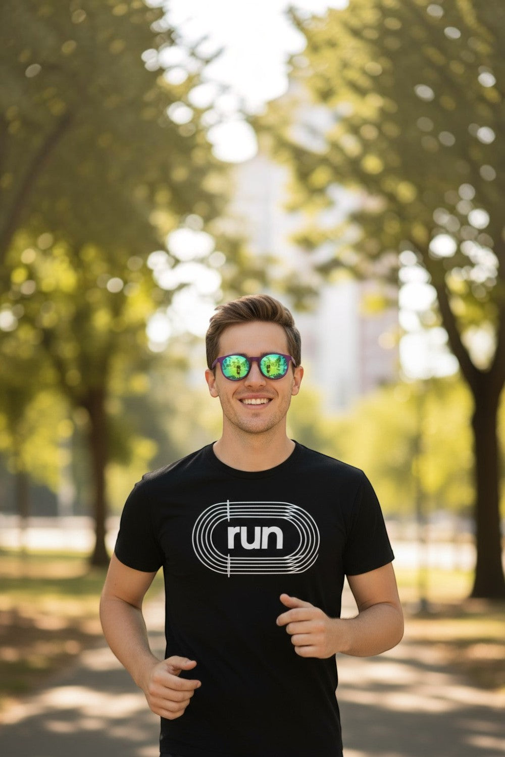 Homem sorridente usando óculos de sol Goodr roxos com lentes verdes espelhadas durante corrida ao ar livre na SPORTBR