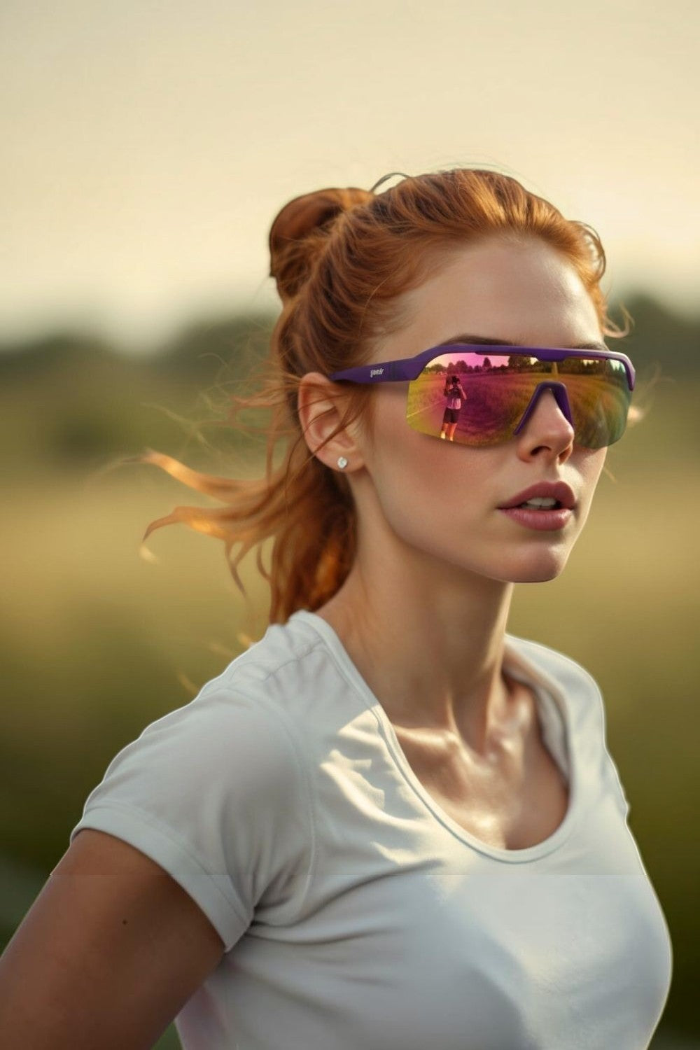 Mulher ruiva usando óculos de sol SPORTBR Goodr roxo com lentes espelhadas rosa durante corrida ao ar livre.