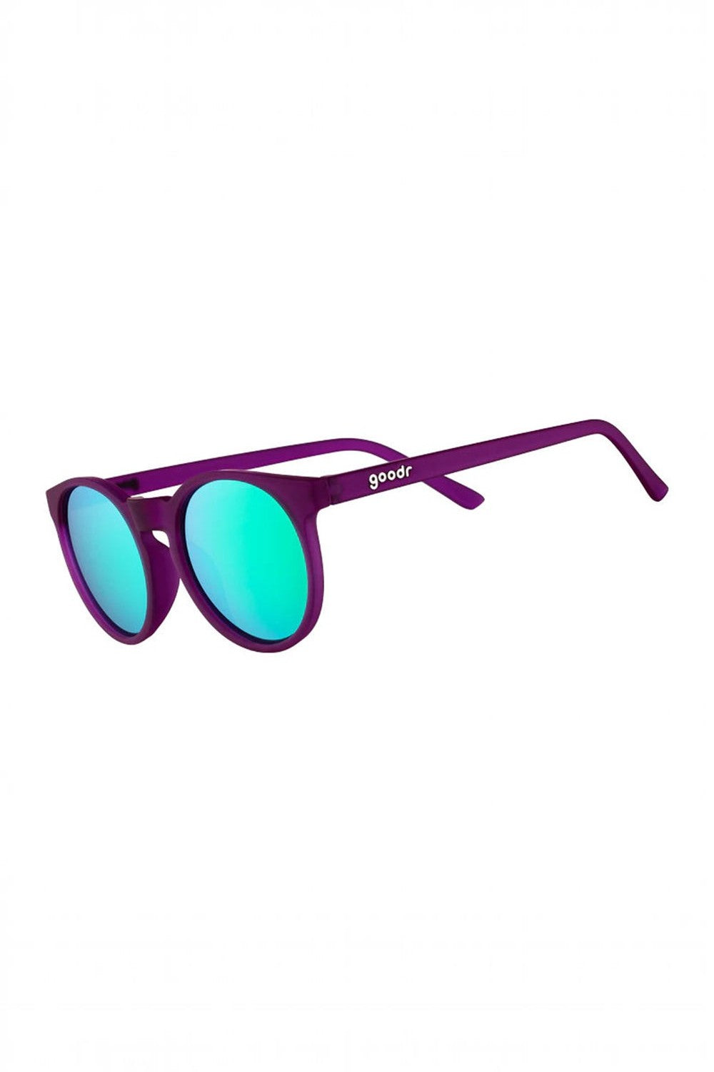 Óculos de sol SPORTBR Goodr roxo com lentes verdes espelhadas e polarizadas, modelo redondo para corrida.