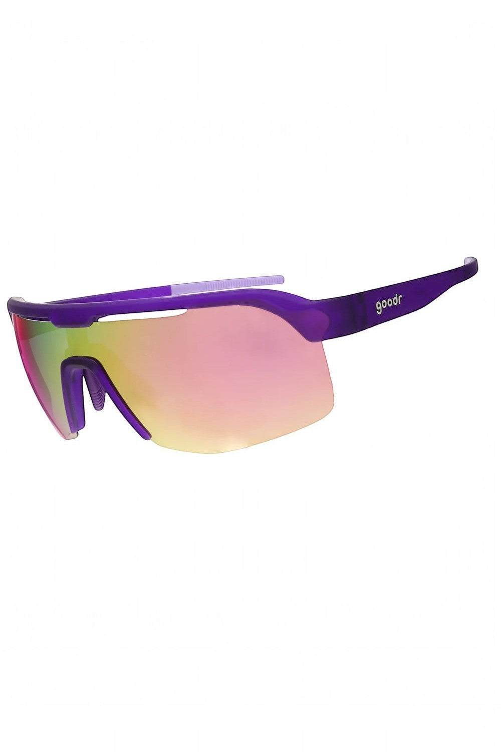Óculos de sol SPORTBR Goodr Tentacle Tag Champion com armação roxa e lentes espelhadas rosa para corrida
