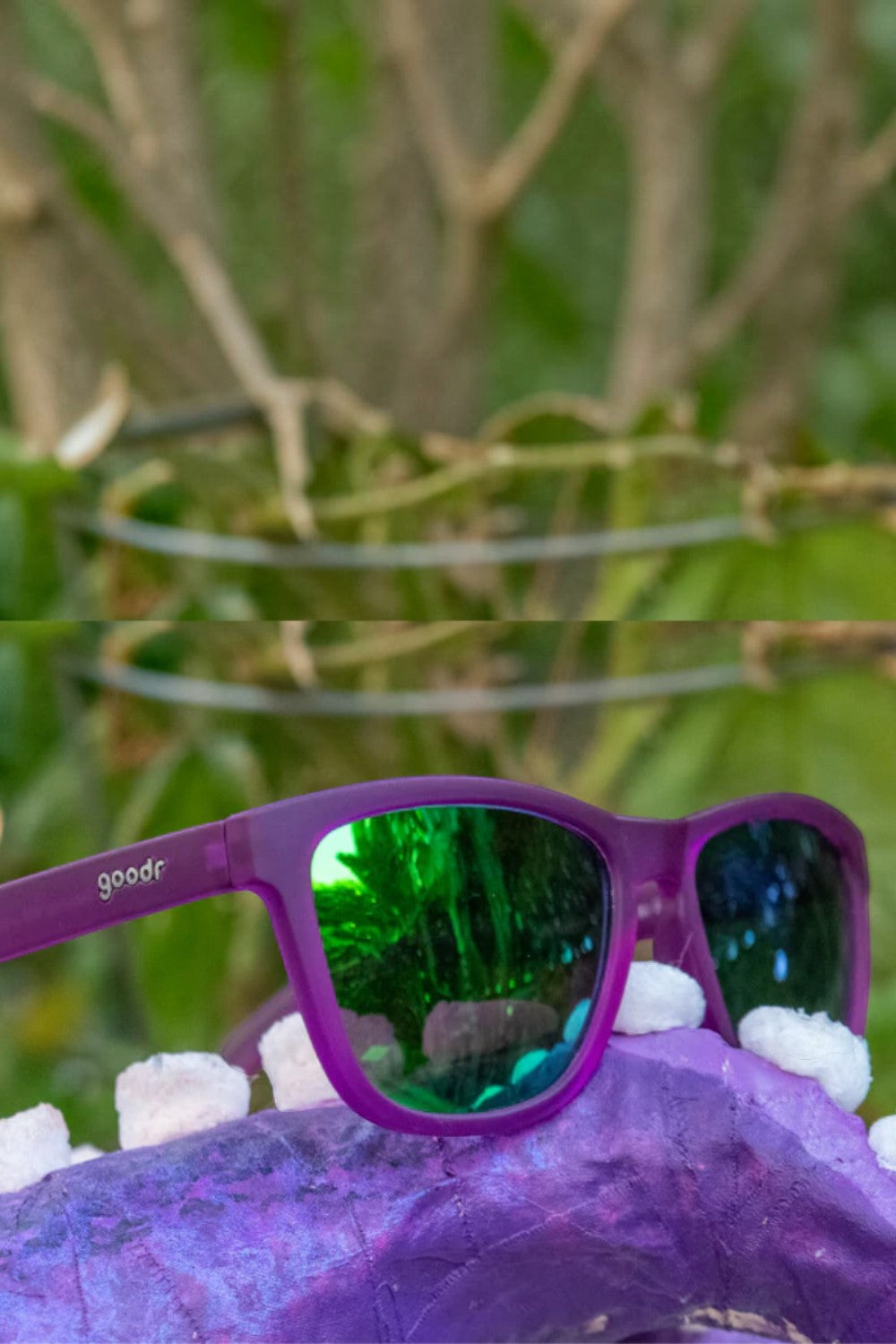 Óculos de sol SPORTBR Goodr Gardening with a Kraken com armação roxa e lentes espelhadas verdes polarizadas.