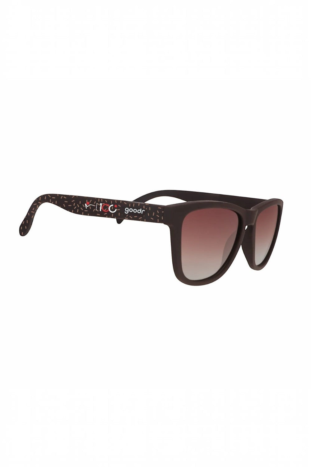 Óculos de sol SPORTBR goodr Feliz Pace Novo São Silvestre marrom com lentes polarizadas e detalhes de brigadeiro