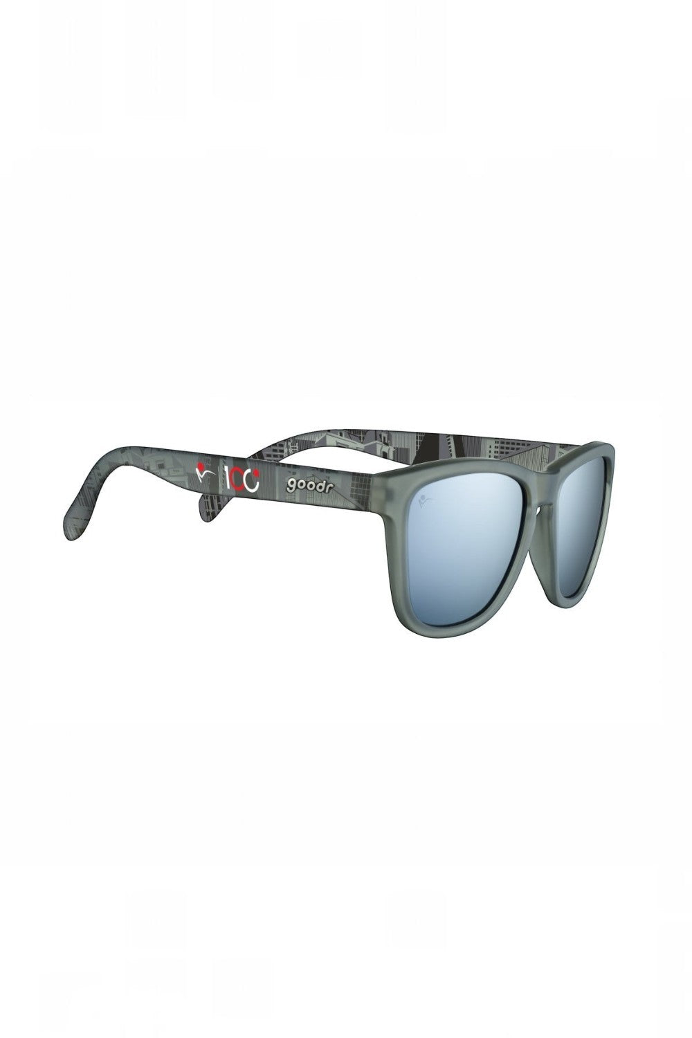 Óculos de sol SPORTBR goodr Festa 100 Fim São Silvestre cinza com lentes espelhadas polarizadas e hastes estampadas.