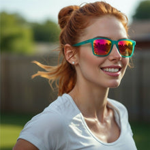 Óculos de sol Goodr Short With Benefits verde com lentes espelhadas rosa e reflexos coloridos, para corrida.