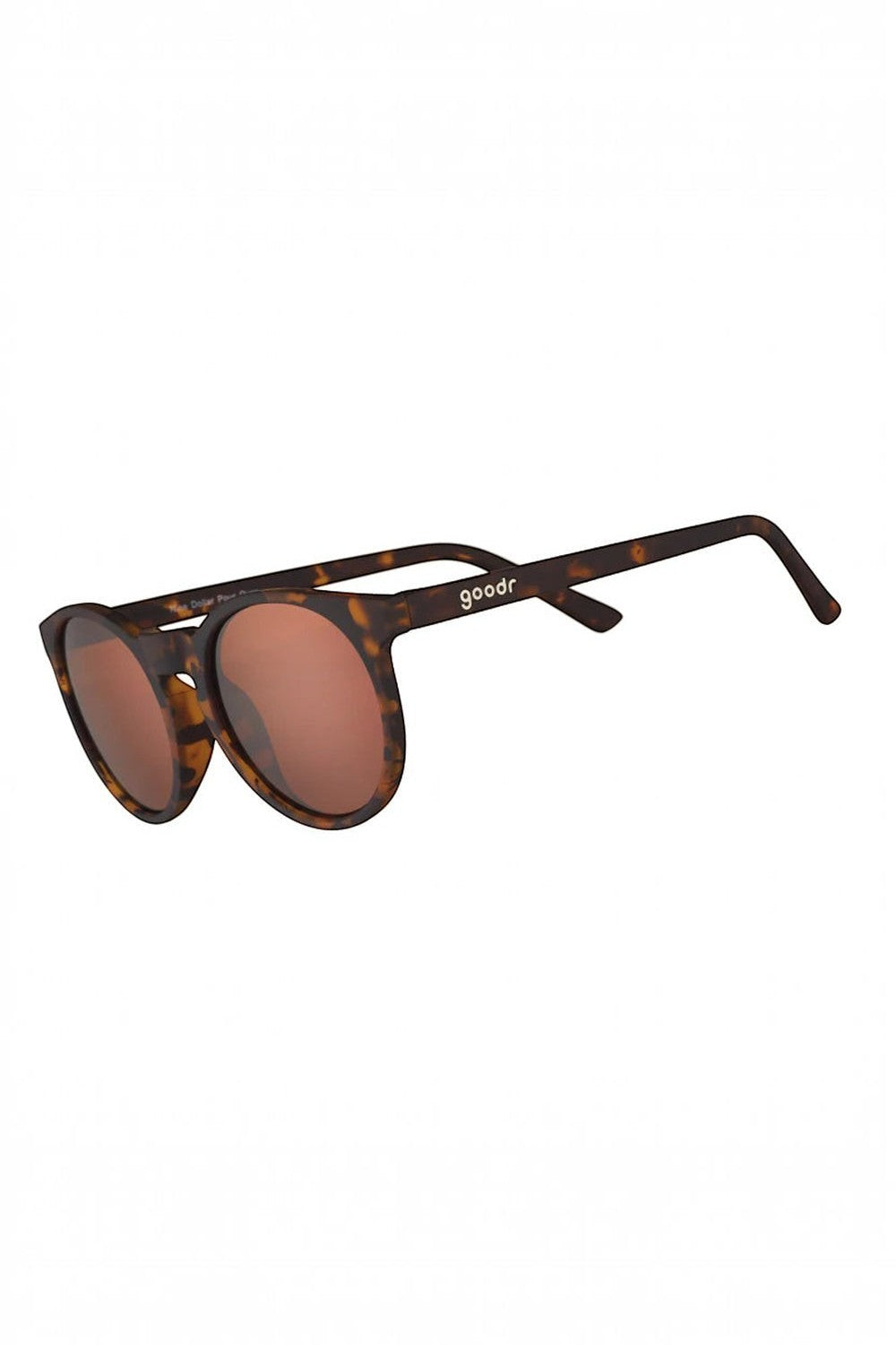 Óculos de sol SPORTBR Goodr Nine Dollar Pour Over com armação redonda tartaruga e lentes polarizadas marrons para corrida.