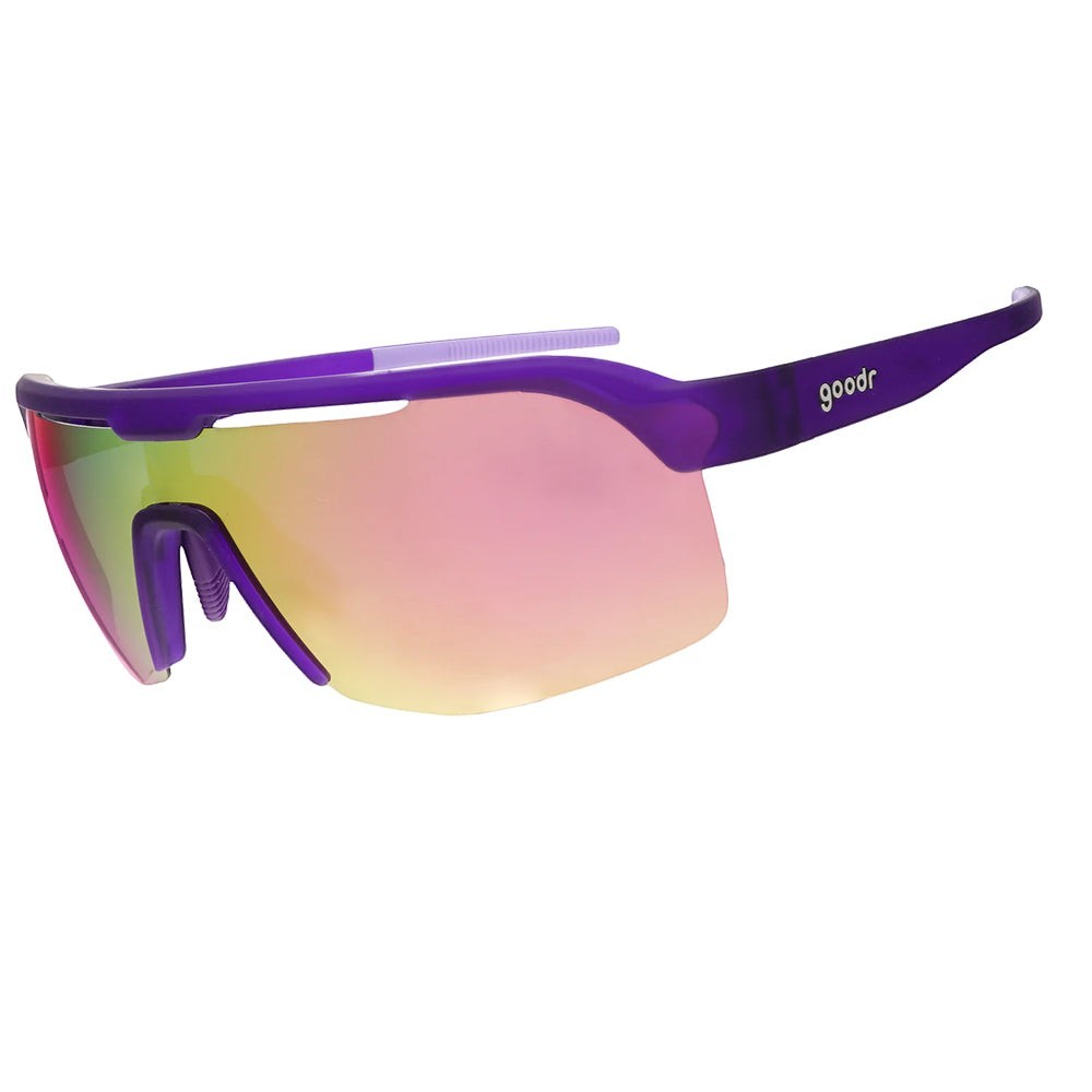 Óculos de sol Goodr Tentacle Tag Champion roxos com lentes espelhadas rosa e proteção UV400, ideais para corrida.