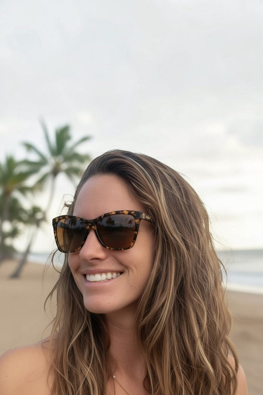Mulher usando óculos de sol SPORTBR Goodr Vanguard Visionary marrom com armação tartaruga em praia tropical