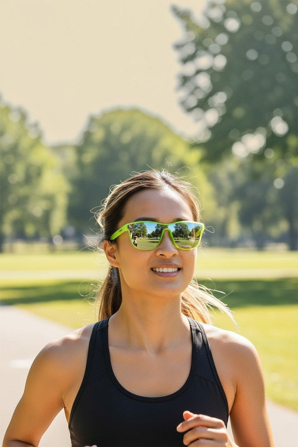 Mulher correndo ao ar livre usando óculos de sol SPORTBR Goodr Naeon Flux Capacitor com armação verde e lentes espelhadas