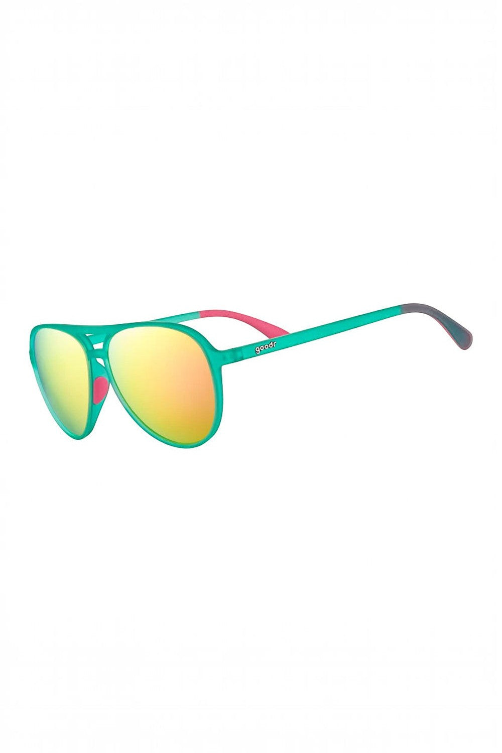 Óculos de sol SPORTBR Goodr Kitty Hawkers com armação verde, lentes amarelas espelhadas e design esportivo leve.