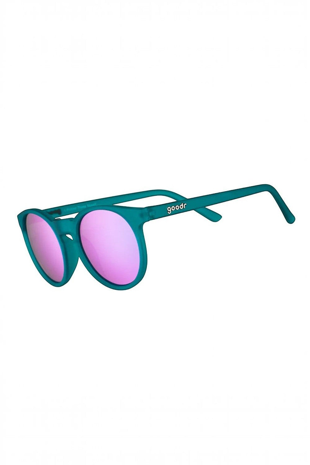 Óculos de sol SPORTBR Goodr modelo Circle G com armação verde fosca e lentes espelhadas roxas polarizadas para corrida.