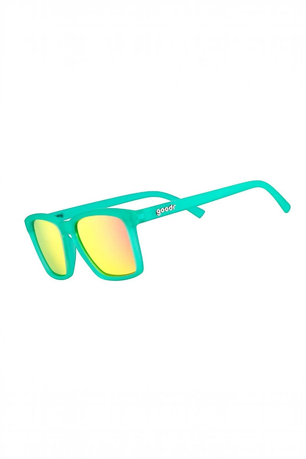 Óculos de sol SPORTBR Goodr Short With Benefits com armação verde e lentes espelhadas rosas para corrida.