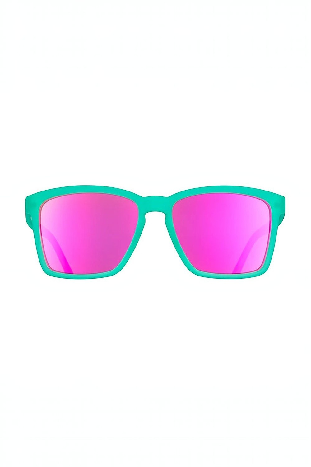 Óculos de sol SPORTBR Goodr Short With Benefits com armação verde e lentes espelhadas rosa, ideal para corrida.