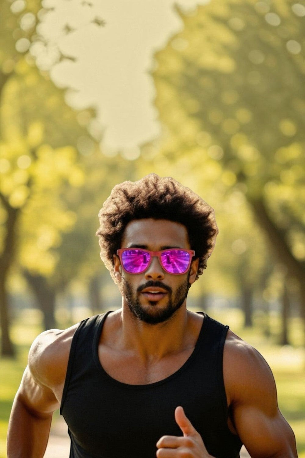 Homem negro correndo ao ar livre usando óculos de sol SPORTBR Goodr Phoenix com armação vermelha e lentes espelhadas