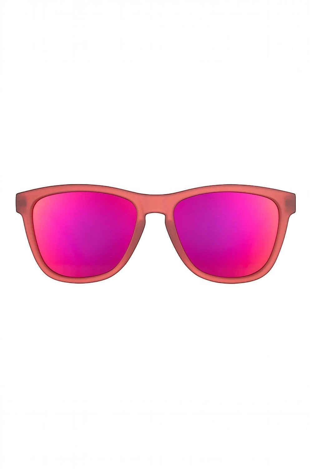 Óculos de sol SPORTBR Goodr Phoenix com armação vermelha e lentes espelhadas rosas polarizadas para corrida.