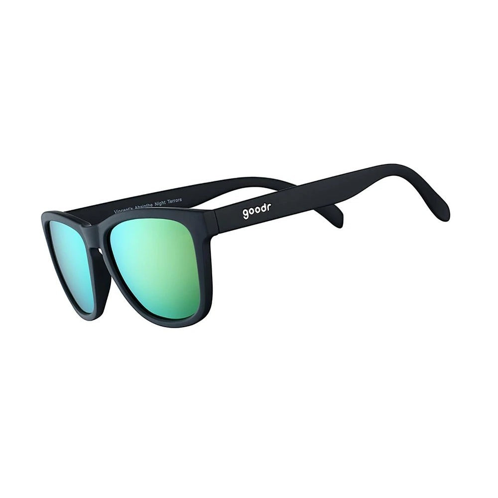 Óculos de sol Goodr Vincent s Absinthe Night Terrors pretos com lentes espelhadas verdes polarizadas, ideais para corrida.