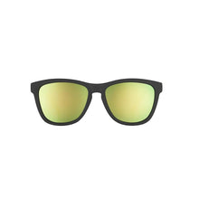 Óculos de sol Goodr Vincent s Absinthe Night Terrors pretos com lentes espelhadas douradas, ideais para corrida.