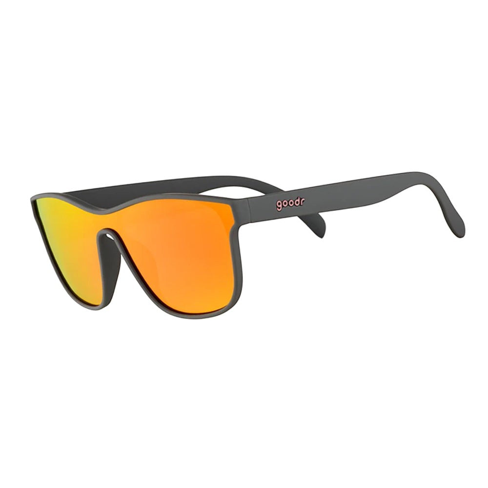 Óculos de sol Goodr Voight-Kampff Vision cinza com lentes espelhadas laranja polarizadas, ideais para corrida.