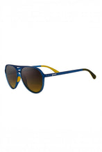 Óculos de sol SPORTBR Goodr Frequent SkyMall Shoppers com armação azul, lentes marrons polarizadas e detalhes amarelos.