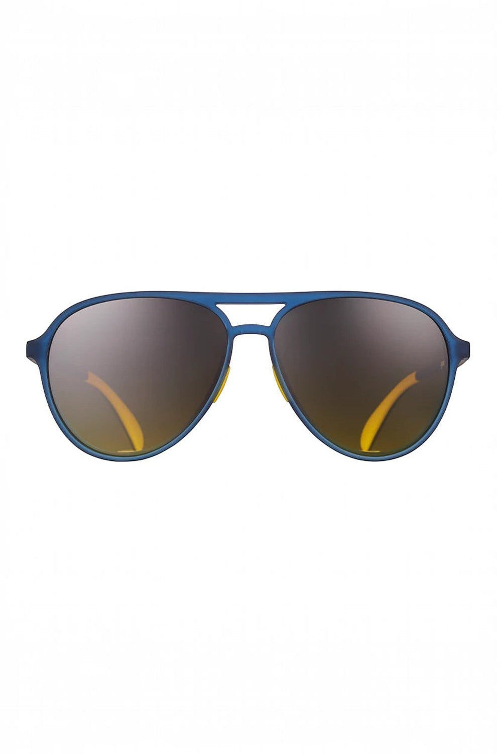 Óculos de sol SPORTBR Goodr Frequent SkyMall Shoppers com armação azul e lentes polarizadas marrons para corrida.
