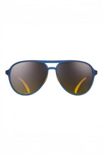 Óculos de sol SPORTBR Goodr Frequent SkyMall Shoppers com armação azul e lentes polarizadas marrons para corrida.