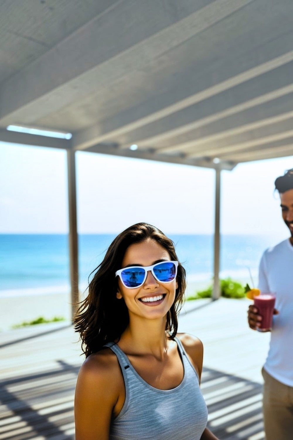 Mulher sorridente usando óculos de sol SPORTBR Goodr Iced By Yetis com armação branca e lentes espelhadas azuis na praia