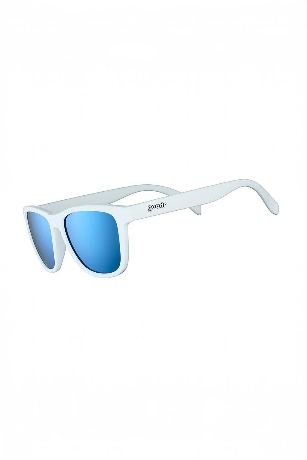 Óculos de sol SPORTBR Goodr Iced By Yetis com armação branca e lentes espelhadas azuis polarizadas para corrida.