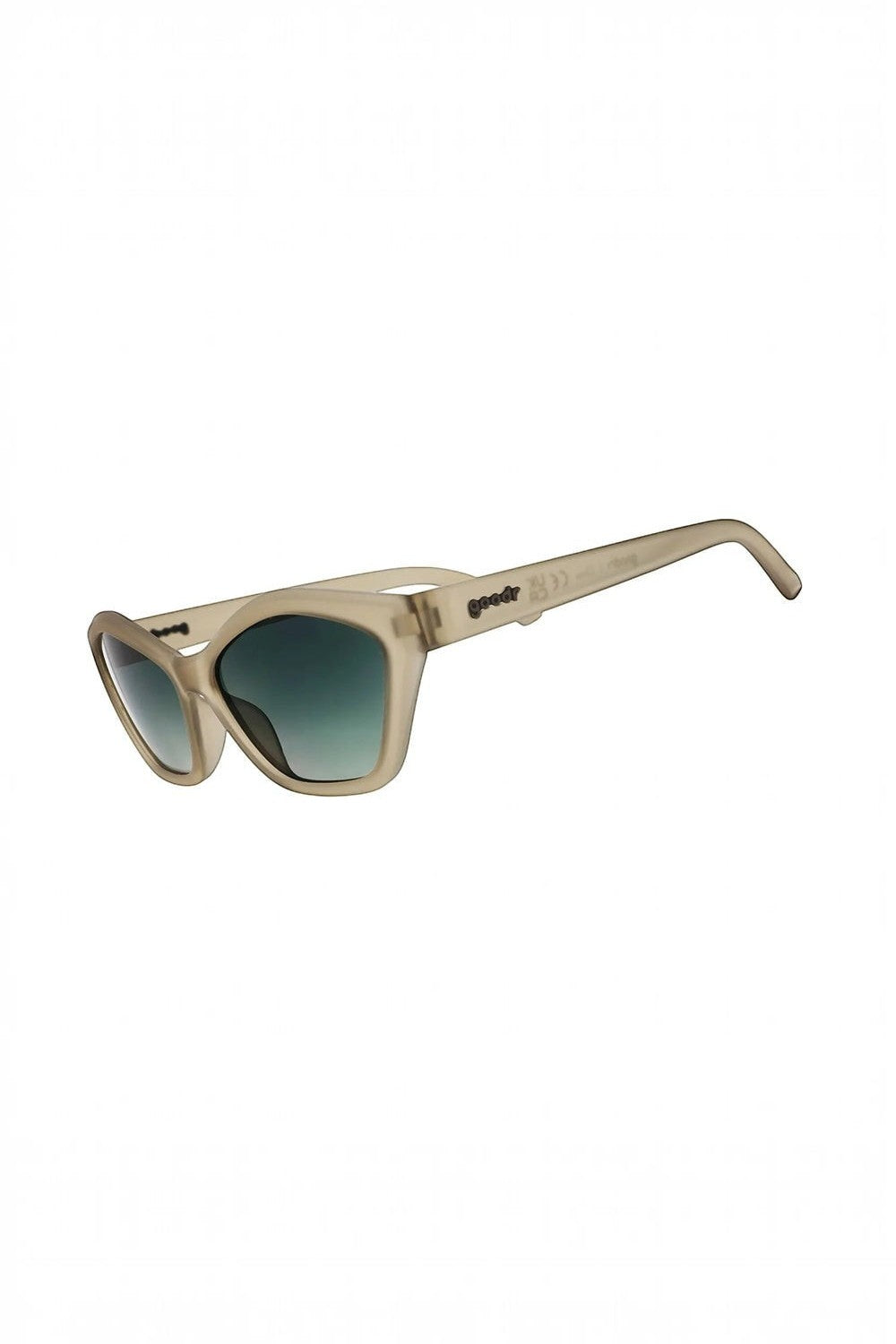 Óculos de sol SPORTBR Goodr Dulce De Leche Luxe com armação cinza translúcida e lentes polarizadas verde-escuro.