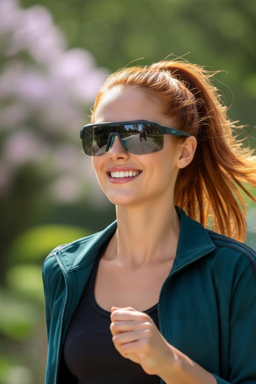 Mulher ruiva correndo ao ar livre usando óculos de sol SPORTBR Goodr Electric Zen Machine com lentes verdes polarizadas.