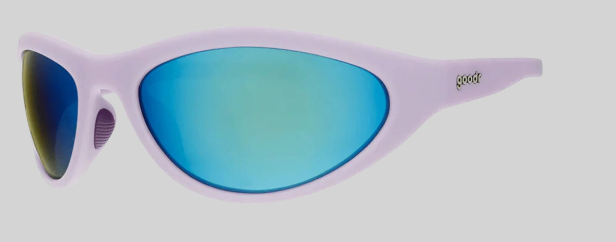 Óculos de sol SPORTBR Goodr In My Periwinkle Prime com armação lilás e lentes espelhadas azuis polarizadas